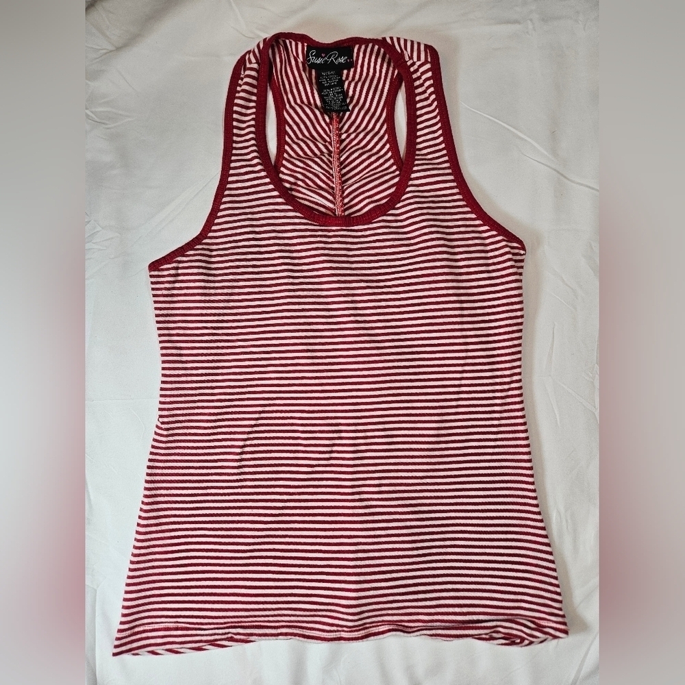 Susie Rose Juniors Red & White Striped Racerback Tank Top W/Back Ruching Size XL